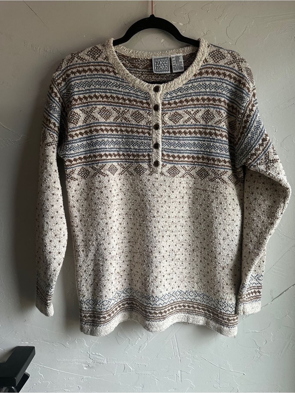 Vintage Fair Isle Henley Sweater Neutral Granola Earthy Lodge Nordic Knit Sz MP